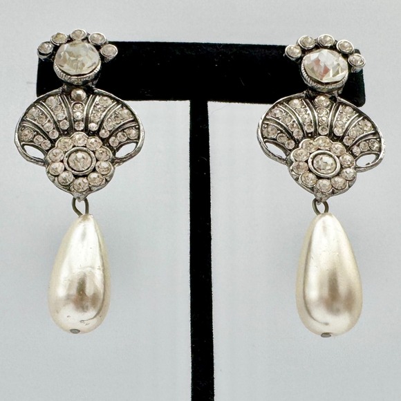 Art Deco Fan Crystal Pearl‎ Drop Earrings Silver Tone Glamour Vintage - Picture 5 of 8